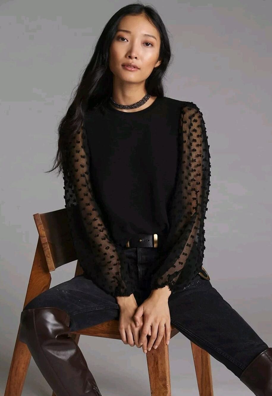 Anthropologie Maeve Textured Sleeve Black Cotton Blend Top NWT XS
